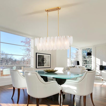 LumFurn 10-Light Glass Linear Chandeliers, Modern Design Island Light Fixture for Dining Room, Kitchen Island, L32xW12xH19~50 Inch(Adjustable Height), Glass Feather Shade & Brass Finish