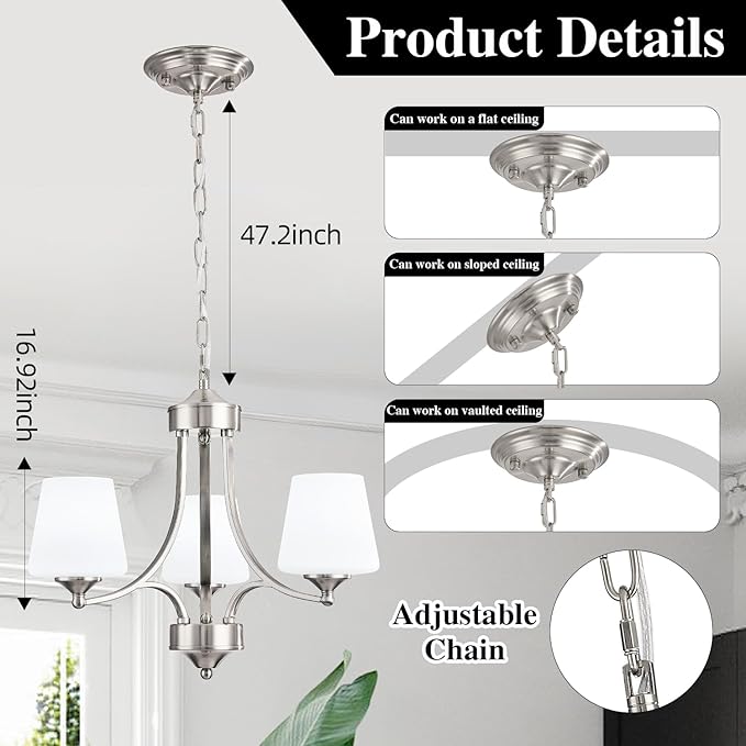 Brushed Nickel Dining Room Light Modern Sliver Chandelier with Frosted Glass, 3-Light Metal Farmhouse Kitchen Island Light Fixtures E26 Hanging Pendent Lighting for Living Room, Kitchen, Foyer