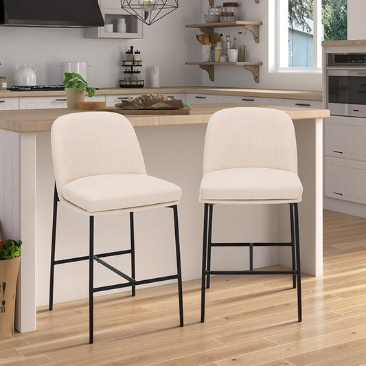 COLAMY Counter Height Bar Stools Set of 2, 25 Inch Modern Fabric Kitchen Island Stools with Back, Upholstered Counter Barstools Armless Bar Chairs with Metal Legs for Island Dining Room Bar,Beige