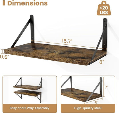 Heimlove Floating Shelves for Wall Set of 3,Light Wood Wall Mounted Bookshelf Decorative Shelf for Living Room Bathroom Bedroom Kitchen Laundry Pictures Plants Books Cats TV,Rustic Brown