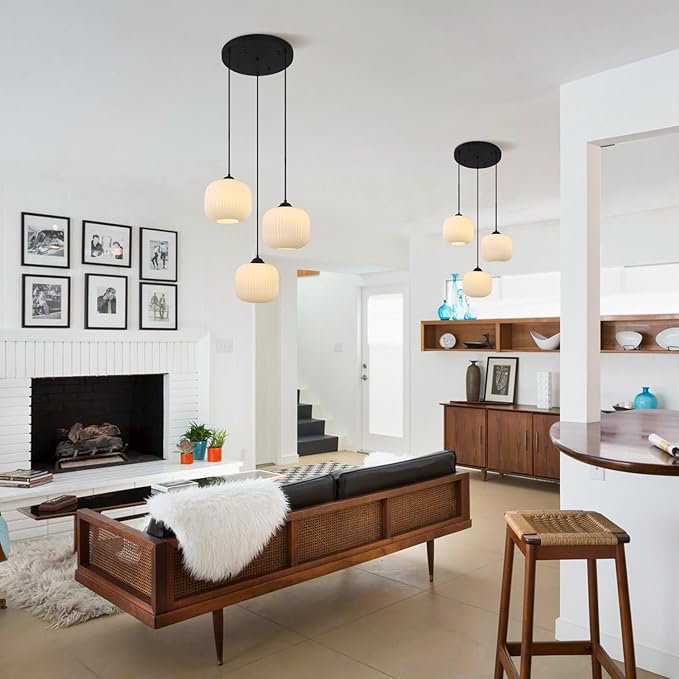 3 Cluster Pendant Light Fixture Ribbed Milk Glass Pendant Light Modern Globe Cluster Chandelier Contemporary Kitchen Pendant Lights Black Farmhouse Chandeliers for Dining Room