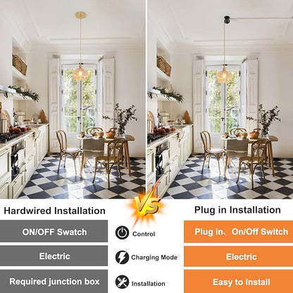 Shenmoyl Plug in Pendant Light Hanging Light Fixture Corded On/Off Switch Brass Pendant Light with Amber Striped Glass Lampshade for Bedroom Living Room Kitchen Island
