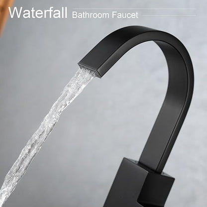 Matte Black Vessel Sink Faucet, Single Handle Tall Bathroom Faucet，Waterfall Bathroom Faucet Single Hole Lavatory Vanity Tap Single Hole Bar Sink Faucet with Pop Up Drain and Supply Lines,SL50044BK