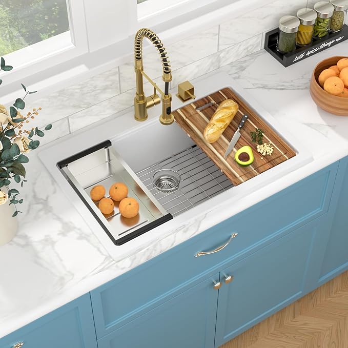 Sarlai 33 Granite Composite Kitchen Sink - 33 x22 Inch Granite Drop In Kitchen Sink Topmount Ledge Workstation White Sinks Quartz Classic Above Counter Single Bowl Basin With Accessories