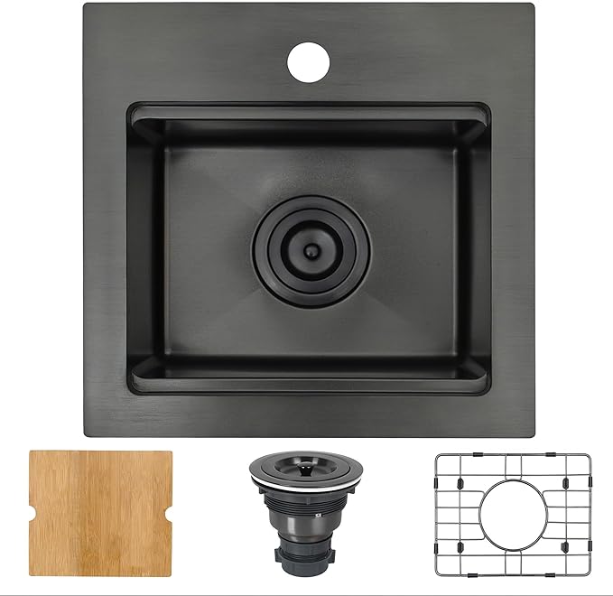 15 Inch Black Sink Drop In, 16 Gauge 304 Stainless Steel Workstaion Kitchen Sinks with Ledge & Accessories, 15" x 15" x10" Deep Bowl For Outdoor, RV,Prep Sink, and Wet Bar