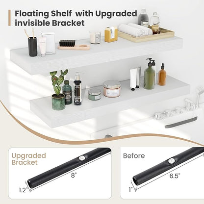 Heimlove 24 x 12 Inch Deep Floating Shelves Wall Mounted with Invisible Brackets, Storage Hanging Shelf for Wall Decor in Bathroom, Bedroom, Toilet, Kitchen, Living Room, Office, Set of 2, White