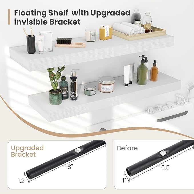 Heimlove 12 Inch Deep Floating Shelves,Large Display Shelf & Storage Shelf,Rustic Wood Wall Shelves,48" W x 12" D x 2" H,Set of 2,White