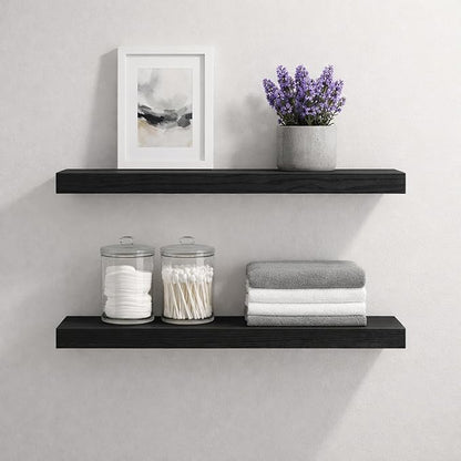 BGMG Wood Floating Shelves for Wall 24 inch,Black Floating Shelves,Solid Wood Wall Mount Shelves for Bathroom Living Room Bedroom Kitchen Farmhouse Set of 2-24x 6.7 x1.25 inch