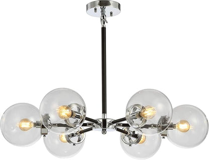 JONATHAN Y 28" Chrome/Black Modern 6-Light Cluster Pendant Chandelier, Clear Glass Shade Hanging Fixture for Kitchen Island Dining Room, LED Bulbs Included, Dimmable (JYL9059A)