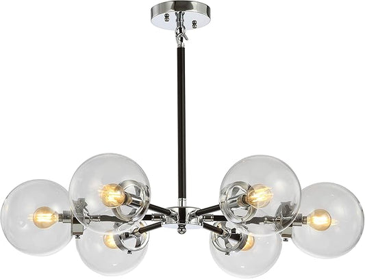 JONATHAN Y 28" Chrome/Black Modern 6-Light Cluster Pendant Chandelier, Clear Glass Shade Hanging Fixture for Kitchen Island Dining Room, LED Bulbs Included, Dimmable (JYL9059A)