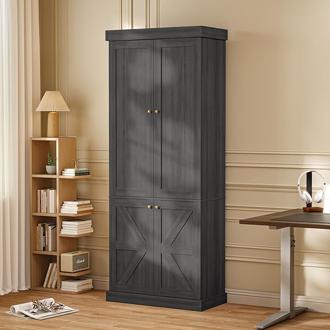 70.8" Tall Kitchen Pantry Cabinet with Doors, Farmhouse Modular Storage Cabinet with 4-Tier Adjustable Shelves, Large Storage Cabinet for Kitchen or Living Room, Set of 2, Black