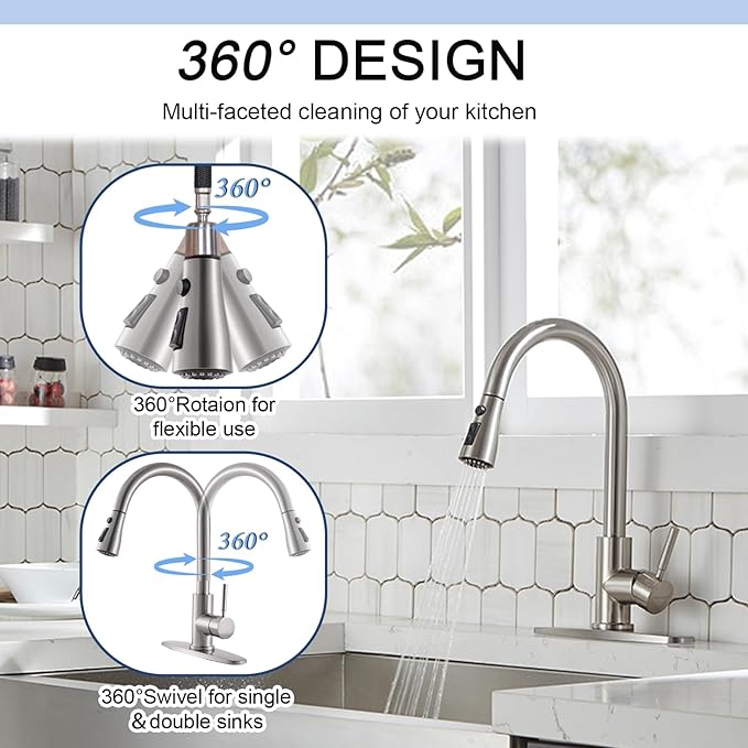 SHACO Kitchen Faucets, Kitchen Sink Faucet with Pull Down Sprayer, Brushed Nickel Stainless Steel Single Handle Pull Out Faucet for Kitchen Sink, SC-KYT010L-D