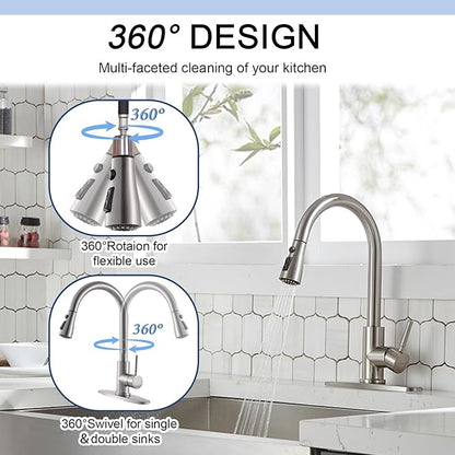 SHACO Kitchen Faucets, Kitchen Sink Faucet with Pull Down Sprayer, Brushed Nickel Stainless Steel Single Handle Pull Out Faucet for Kitchen Sink, SC-KYT010L-D