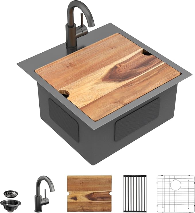 18"x18" Drop In Bar Prep Sink Workstation – Gunmetal Black NANO-PVD, 16 Gauge 304 Stainless Steel, Single Bowl Top Mount Wet Bar RV Outdoor Kitchen Sink with Faucet
