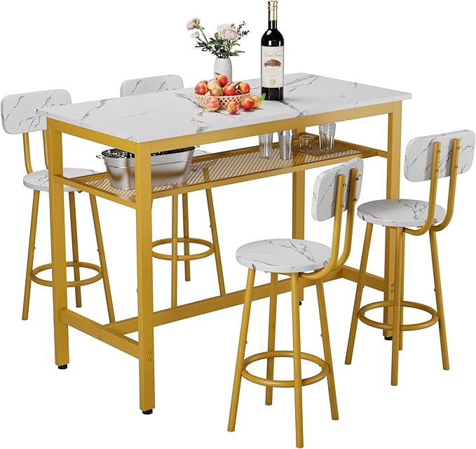5-Piece Bar Height Table and Chairs Set – Modern Kitchen Table with 4 Bar Stools,Compact Dining Table Chairs Set,Bar Table and Chairs Set for Kitchen Island Seating & Dining Room (White+Gold)