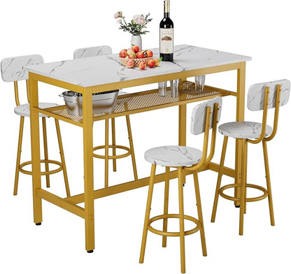 5-Piece Bar Height Table and Chairs Set – Modern Kitchen Table with 4 Bar Stools,Compact Dining Table Chairs Set,Bar Table and Chairs Set for Kitchen Island Seating & Dining Room (White+Gold)