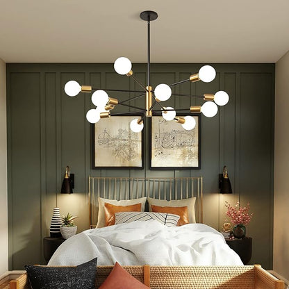 KAISITE Modern Chandelier 12-Light Sputnik Chandeliers Black and Gold Chandelier Light Fixtures for Dining Room Over Table Mid Century Height Adjustable High Ceiling Kitchen Farmhouse Chandelier