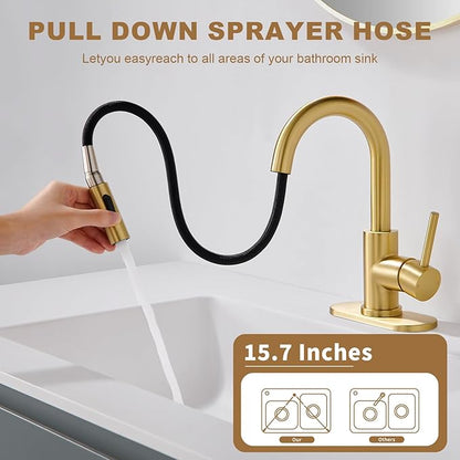 Bathroom Sink Faucet with Pull Down Sprayer,Single Handle Pull Out Faucet with Pop-Up Drain, 1 or 3 Hole Laundry Bar Basin Brushed Gold Faucet with Deck Plate