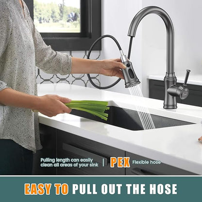 Kitchen Faucet with Pull Down Sprayer, Single Handle High Arc Utility Sink Faucet with Deck Suitable for bar for Kitchen Sink, Laundry Sink, Wet Bar or RV, Brushed Grey