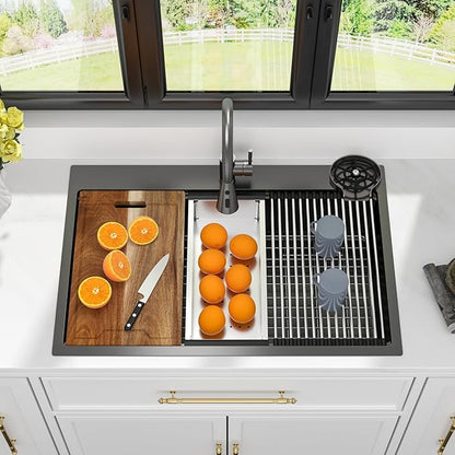 33 Black Drop In Kitchen Sink - Kichae 33 x 22 Drop In Kitchen Sink Workstation Gunmetal Black Nano Coating 304 Stainless Steel 16 Gauge with Glass Rinser & Cutting Board