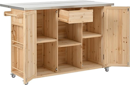 YOPTO Outdoor Kitchen Island Fir Wood Kitchen Island with Stainless Steel Top,Ample Storage Space,Towel and Spice Racks and a Bottle Opener for Outdoor,Natural