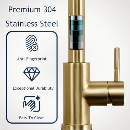 Hotis Gold Kitchen Faucet with Pull Down Sprayer, High Arc Stainless Steel Sink Faucet, Brushed Gold Bar Faucet Fit for 1 Hole Sink, Easy Install for Kitchen Farmhouse RV, HT-KBD101G