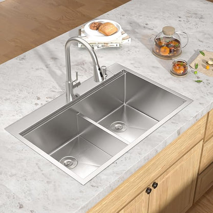 33 Inch Drop-In Double Bowl Kitchen Sink, 50/50 Low Divide 16 Gauge 304 Stainless Steel Workstation All-In One Sink, Brushed Finish #TLDB-501