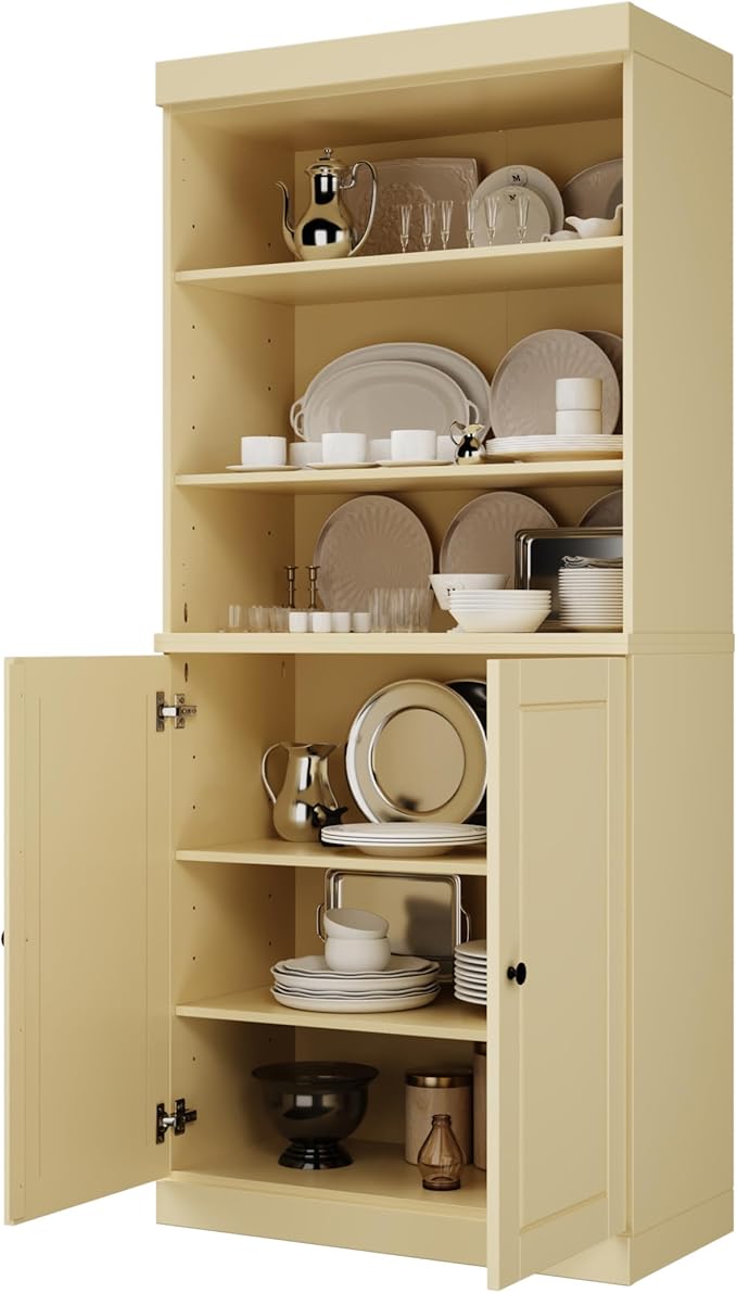 Palace Imports 100% Solid Wood Kitchen Pantry w/ 2 Wood Doors, Yellow, 32" w x 71.5" h, Renewable Eco-Friendly Pine, Made in Brazil