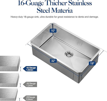 32 inch Kitchen Sink Undermount Stainless Steel Workstation 32x19x10 inch 16 Gauge Under Counter Kitchen Sinks Basin with Accessories Single Bowl Kitchen Sink