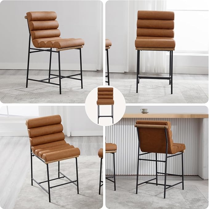 Brown Pu Leather Bar stools Set of 2, 25” Modern Upholstered Counter stools with Black Metal Legs, Armless Counter Height Chairs with Channel Tufted Back for Kitchen Island Home Pub