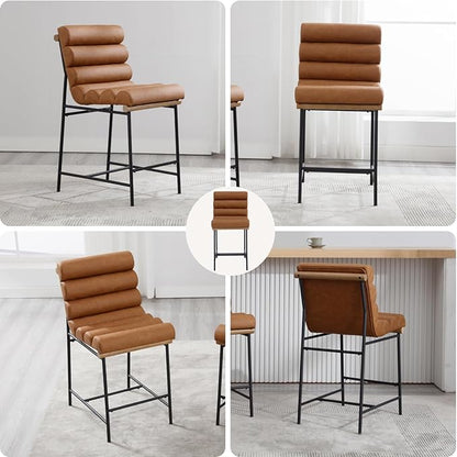 Brown Pu Leather Bar stools Set of 2, 25” Modern Upholstered Counter stools with Black Metal Legs, Armless Counter Height Chairs with Channel Tufted Back for Kitchen Island Home Pub