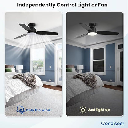 Conciseer 42 Inch Ceiling Fans with Lights and Remote, Bedroom Living Room Office, Flush Mount, 3CCT Dimmable, Dual Color 3 Blades, 6 Speed Reversible Quiet DC Motor, Black/Wood Grain, 2 Pack