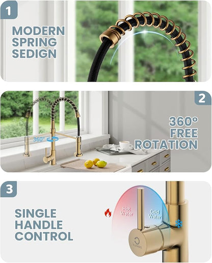 Kitchen Faucet, Brushed Gold Kitchen Faucet with Soap Dispenser and Deck Plate, Faucet for Camper Farmhouse RV Kitchen Sink, Single Handle Stainless Steel Kitchen Sink Faucets with Pull Down Sprayer