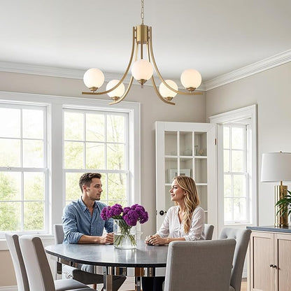 Glass Globe Chandelier,Gold Farmhouse Chandeliers for Dining Room,Modern Sputnik Dining Room Light Fixtures，Adjustable Chain Ceiling Lighting for Living Room Bedroom Kitchen Island