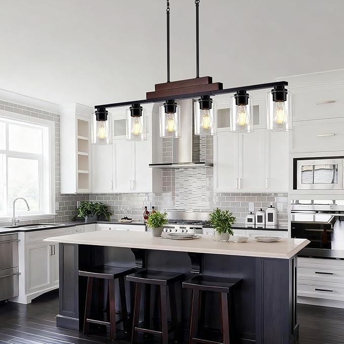 Farmhouse Dining Room Light Fixture Over Table, 6-Light Linear Chandeliers for Dining Room Hanging, Black Pendant Lights Kitchen Island Lighting, Wood Ceiling Light Fixture with Clear Glass Shade