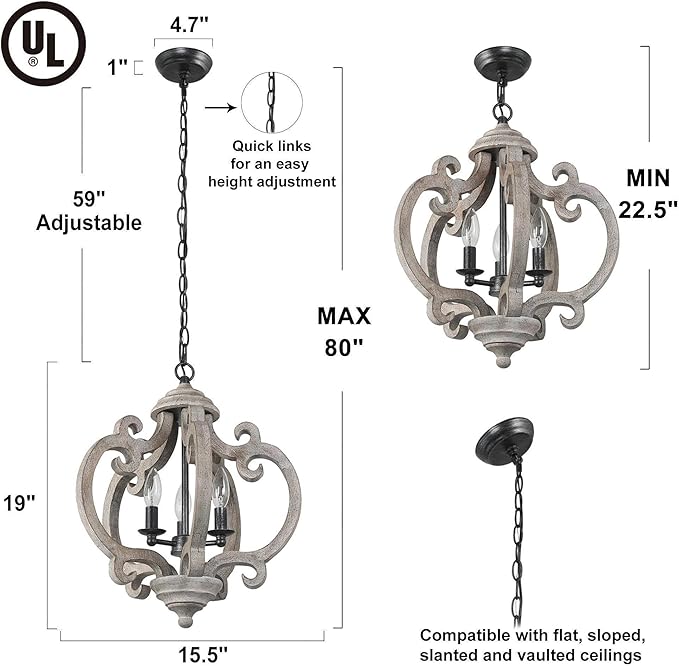 LALUZ Farmhouse Chandelier, 3-Light Rustic Orb Pendant Lights Lantern Lighting, 15.5'' Distressed Wood Chandeliers Hanging Light Fixtures for Dining & Living Room, Kitchen Island, Bedrooms, Foyer