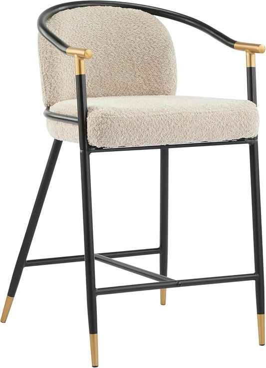 Set of 2 Upholstered Counter Stools - 26" Seat Height Almond Boucle Stools with Sturdy Iron Frame, Gold Trim+Black Base, Contemporary Design for Kitchen Island/Home Bar/Dining Area