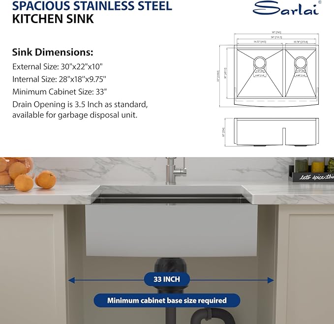 Sarlai 30 Stainless Farmhouse Sink Double Bowl - 30x22 Inch Kitchen Sink Apron Front Ledge Workstation Double Bowl 60/40 16 Gauge Stainless Steel Low Divide Farmer Kitchen Sink Basin