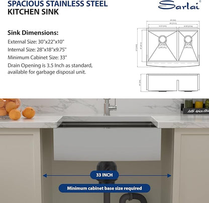 Sarlai 30 Stainless Farmhouse Sink Double Bowl - 30x22 Inch Kitchen Sink Apron Front Ledge Workstation Double Bowl 60/40 16 Gauge Stainless Steel Low Divide Farmer Kitchen Sink Basin