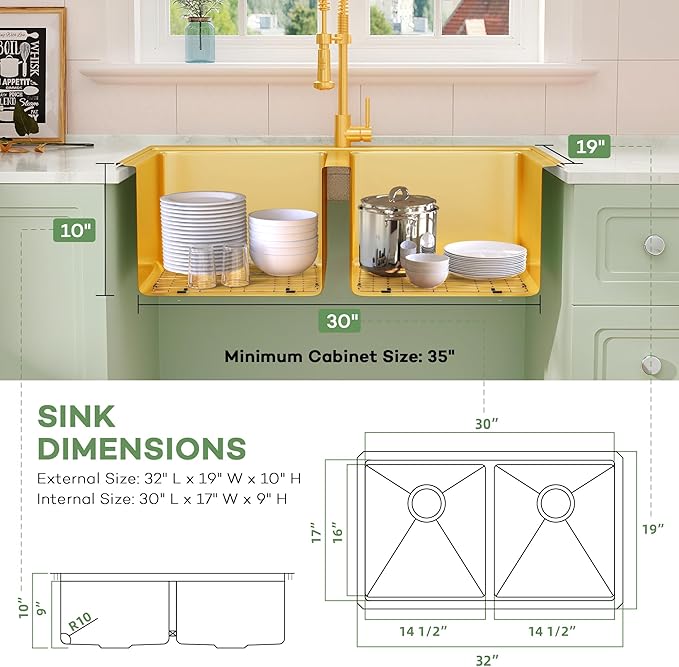 LQS Brushed Gold Kitchen Sink 32 Inch, 16 Guage Stainless Steel Undermount Gold Double Kitchen Sink with Smart Workstation, Luxury Golden Accessories for Modern Kitchen Style