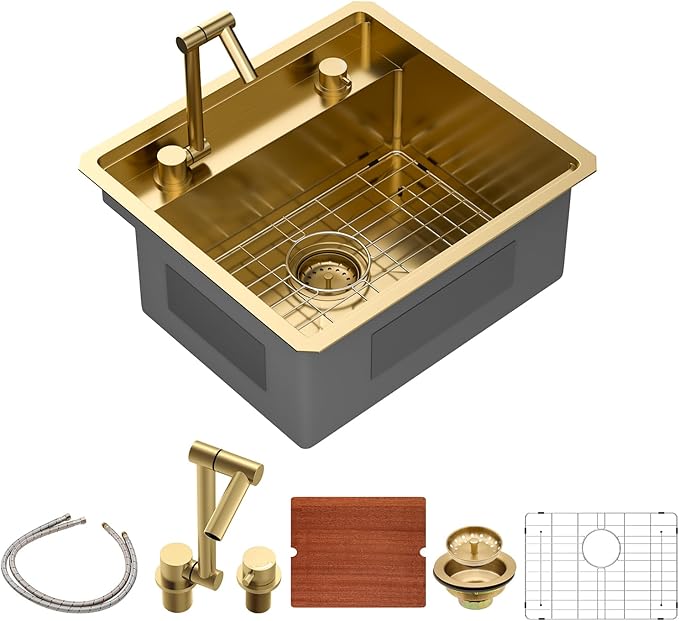 Sarlai Gold Undermount Bar Sink - 21x19 Inch Outdoor Kitchen Sink RV Workstation Gold 16 Gauge Stainless Steel Single Bowl Handmade Outdoor BBQ Sinks With Foldable Faucet