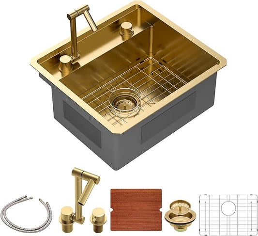 Sarlai Gold Undermount Bar Sink - 21x19 Inch Outdoor Kitchen Sink RV Workstation Gold 16 Gauge Stainless Steel Single Bowl Handmade Outdoor BBQ Sinks With Foldable Faucet