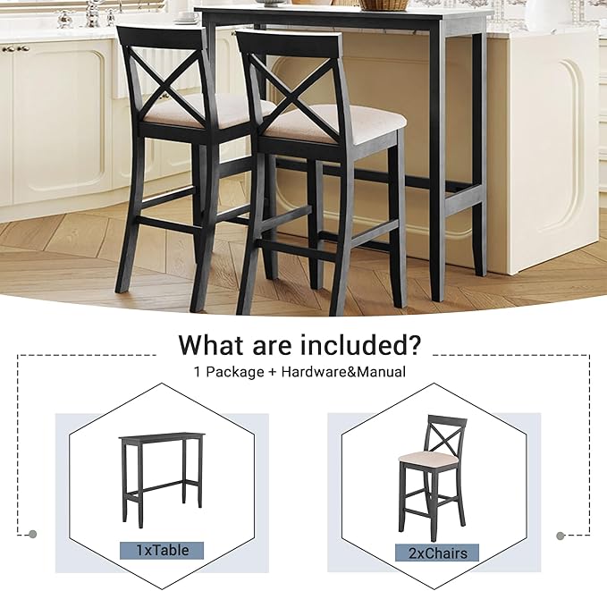 VilroCaz Farmhouse 3-Piece Counter Height Wood Kitchen Dining Sets, Home Bar Pub Kitchen Breakfast Set, 48'' Long Bar Table with 2 Upholstery Chairs for Small Places (Gray-I)