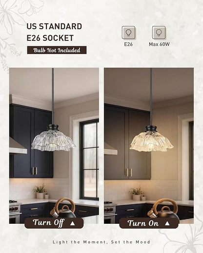 Modern Pendant Lights Kitchen Island, HWH Hanging Light Fixture Set of 2, 10 Inch Pendant Light Fixtures Ceiling with Clear Flower Glass, Matte Black Finish, 5HJX112MIL-2PK BK