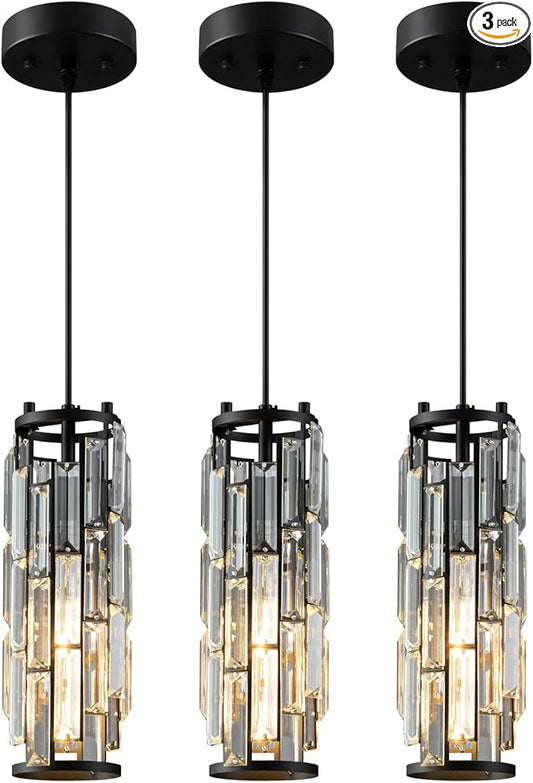 LMQNINE Pendant Lights Modern Black Pendant Light Mini Crystal Chandelier Pendant Lighting for Kitchen Island Dinning Room Bedroom Kitchen Sink Lighting (Black 3-Pack)