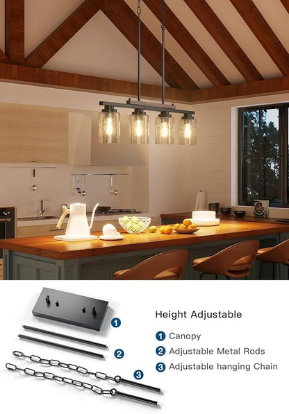 Amico Dining Room Light Fixture 4-Light Kitchen Island Lighting with Adjustable Rods, Farmhouse Decor Black Metal & Wood Chandelier with Seeded Glass Shade, Island Lights for Kitchen