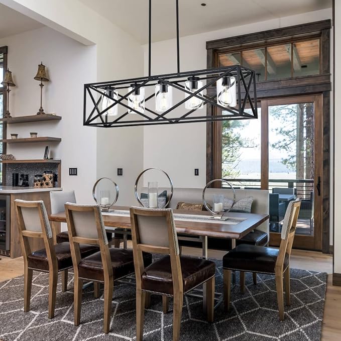 5-Lights Farmhouse Kitchen Island Light in Black Finish, Vintage Rectangular Linear Pendant Lighting Fixtures with Clear Glass Shades for Bar Pool Table