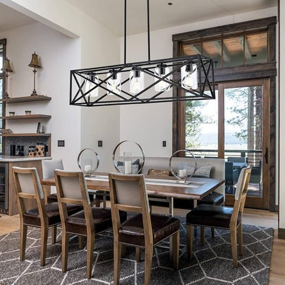 5-Lights Farmhouse Kitchen Island Light in Black Finish, Vintage Rectangular Linear Pendant Lighting Fixtures with Clear Glass Shades for Bar Pool Table