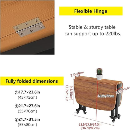 Multifunction Table Drop Leaf Dining Table 47.2×27.6/31.5×29.5in Wooden Foldable Kitchen Table with 6 Wheels (Brown) Folding Kitchen Table with Solid Wood Legs, Farmhouse Extendable Table for 8 People