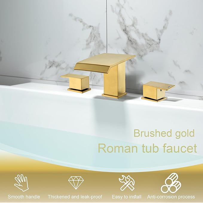 Roman Tub Faucet Brushed Gold Deck Mount Waterfall Bathtub Faucet 2 Handles High Flow Bath Tub Faucet Set